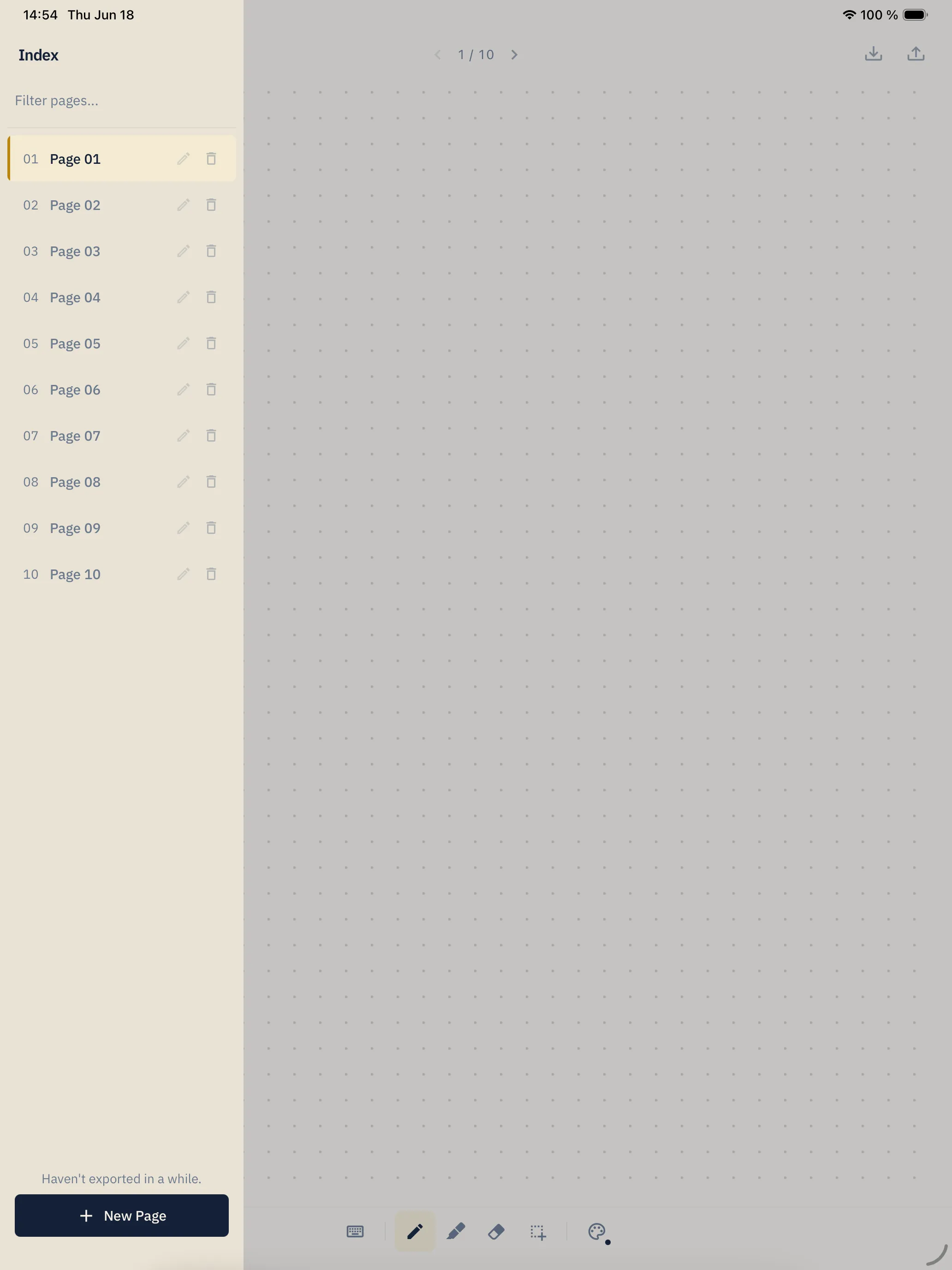 paplo index view on iPad — pages listed by name and number
